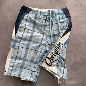 Quiksilver Mens Plaid Board Shorts Blue Navy Cargo Pocket Swim Trunks Y2K Surf
